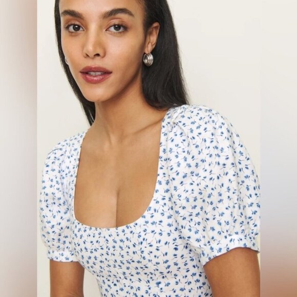 NEW Reformation Coucou Midi Linen Dress Hanna White Blue Floral | US 2 UK 6 - Picture 6 of 16